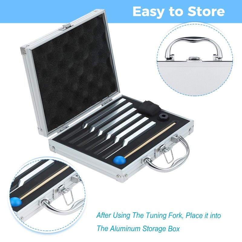 Lemfema 6 Solfeggio Tuning Fork Set for Healing - 396Hz-852Hz Aluminum Alloy Chakra Tuning Forks for Sound & Meditation, Musical Instrument, with Hammer, Rubber Base & Aluminum Box - Image 5