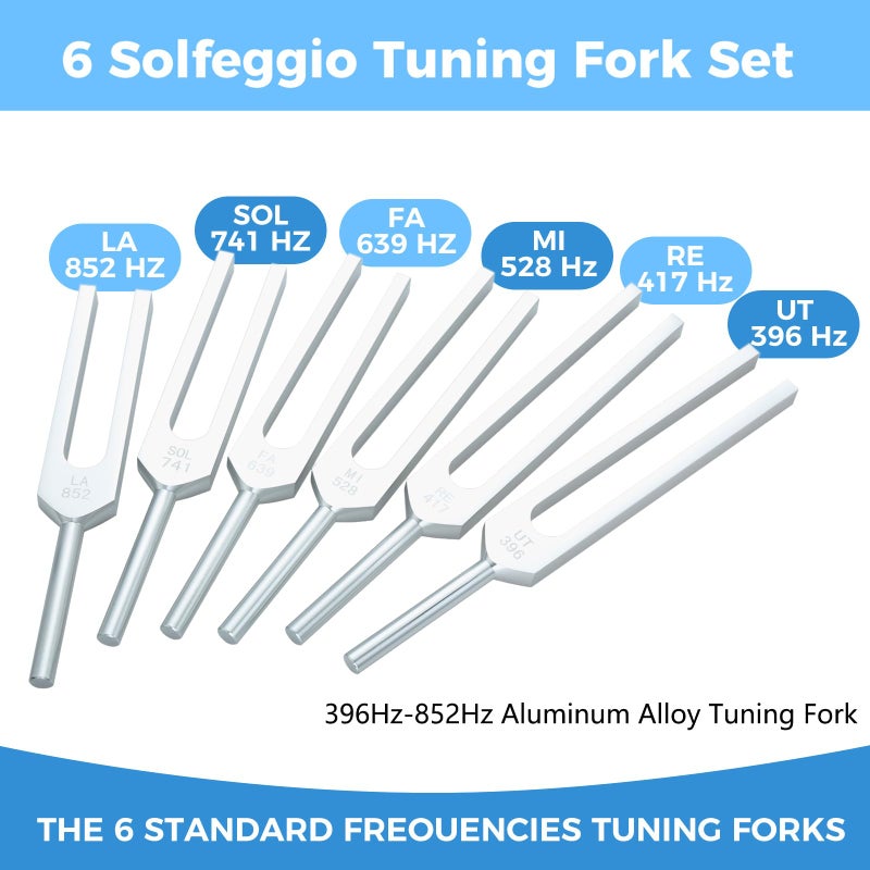 Lemfema 6 Solfeggio Tuning Fork Set for Healing - 396Hz-852Hz Aluminum Alloy Chakra Tuning Forks for Sound & Meditation, Musical Instrument, with Hammer, Rubber Base & Aluminum Box - Image 2