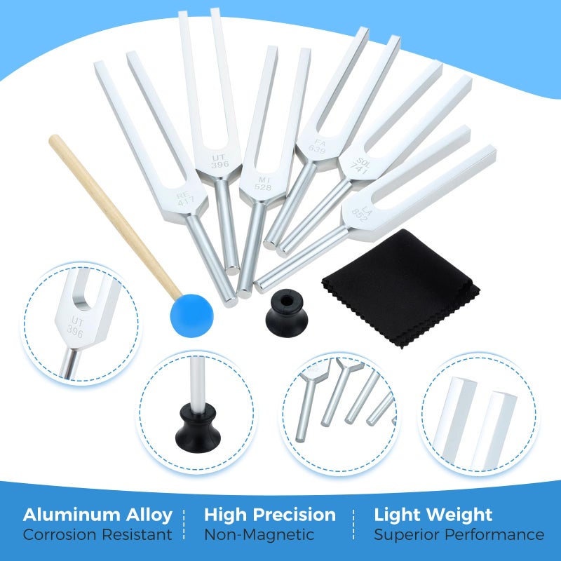 Lemfema 6 Solfeggio Tuning Fork Set for Healing - 396Hz-852Hz Aluminum Alloy Chakra Tuning Forks for Sound & Meditation, Musical Instrument, with Hammer, Rubber Base & Aluminum Box - Image 3
