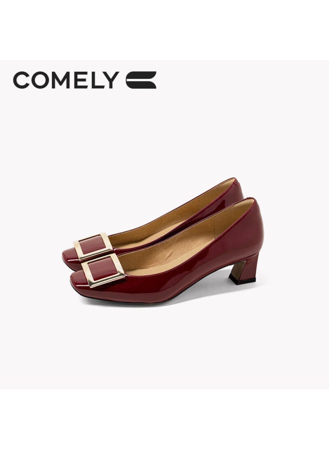Comely Square Buckle Women's Shoes, Spring Thick Heel Elegant Patent Leather Commuter High Heels, Red, Size 35 - Image 1