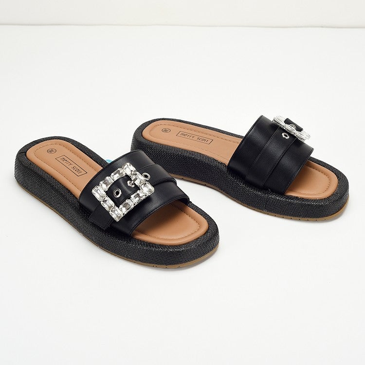 Women's Linen Espadrille Flat Sandals with Rhinestone Buckle - Image 3