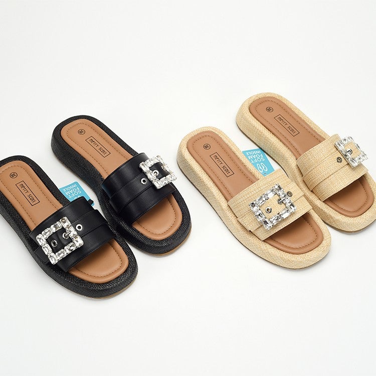 Women's Linen Espadrille Flat Sandals with Rhinestone Buckle - Image 1