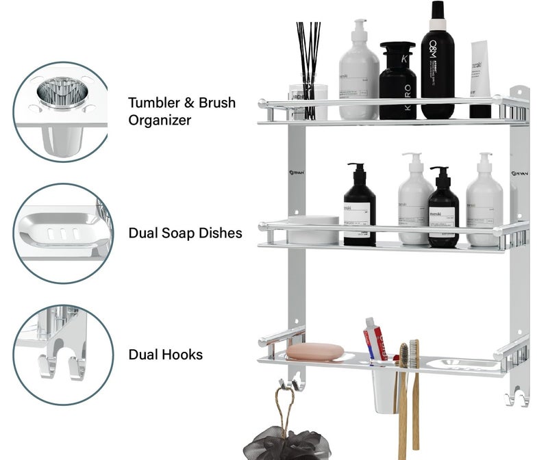 GRIVAN Magic Sticker Self Adhesive Anti Rust 3 Tier Multipurpose Bathroom Shelf Organizer with Double Soap Dish and Toothbrush Holder Stainless Steel Bathroom Accessories - Image 2