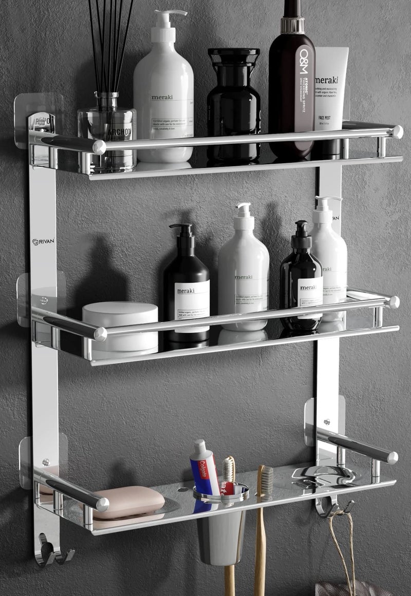 GRIVAN Magic Sticker Self Adhesive Anti Rust 3 Tier Multipurpose Bathroom Shelf Organizer with Double Soap Dish and Toothbrush Holder Stainless Steel Bathroom Accessories - Image 1