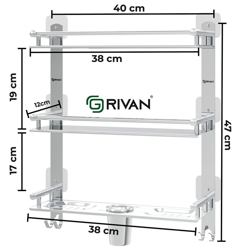 GRIVAN Magic Sticker Self Adhesive Anti Rust 3 Tier Multipurpose Bathroom Shelf Organizer with Double Soap Dish and Toothbrush Holder Stainless Steel Bathroom Accessories - Image 3
