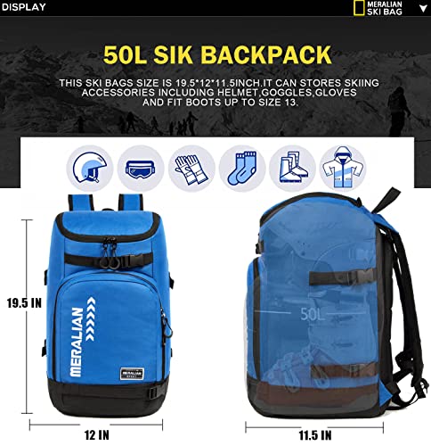 MERALIAN Ski Boot Bag - 50L Ski Boot Travel Backpack Waterproof Snowboard Boot Backpack for Travel Stores Gear Including Helmet, Goggles and Outerwear.(Blue-02) - Image 4