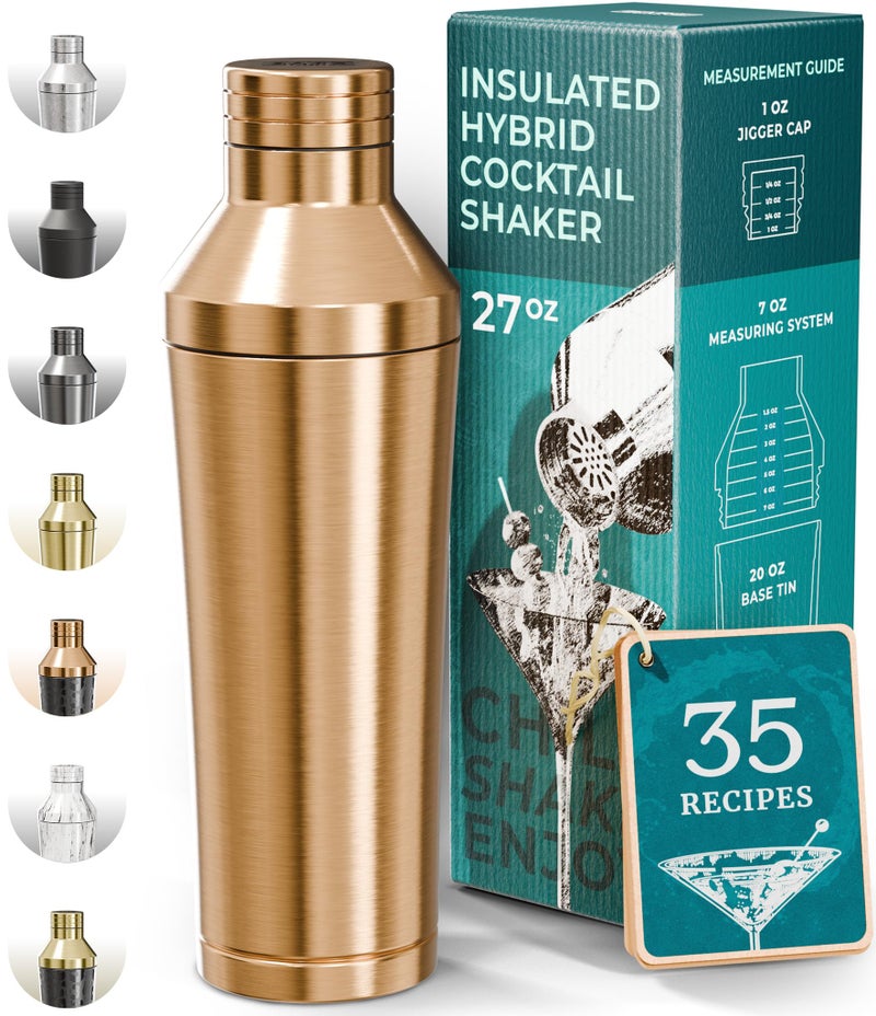 BARE BARREL Insulated Cocktail Shaker Set | Double Wall Stainless Steel | Martini Shaker for Home Bar Bartending | Built-in Drink Measure System & Strainer, Travel Bag, Recipes | Gift Set (Copper) - Image 1