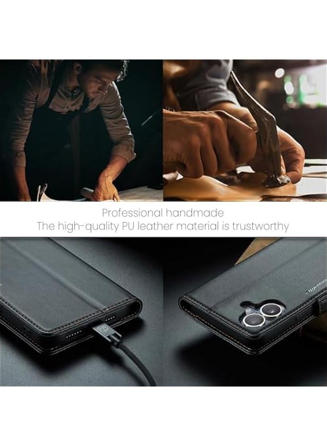 أسود بو الجلود تتفاعل حجب المحفظة حالة آيفون 16 مع حامل بطاقة الائتمان ، فوليو فليب مسنده و المشبك المغناطيسي واقية غطاء الهاتف للنساء والرجال (6.1 بوصة) - Image 5