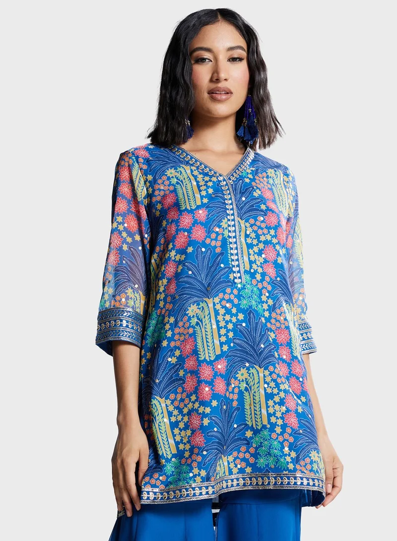 Biba V-Neck Printed Kurti & Pants Set