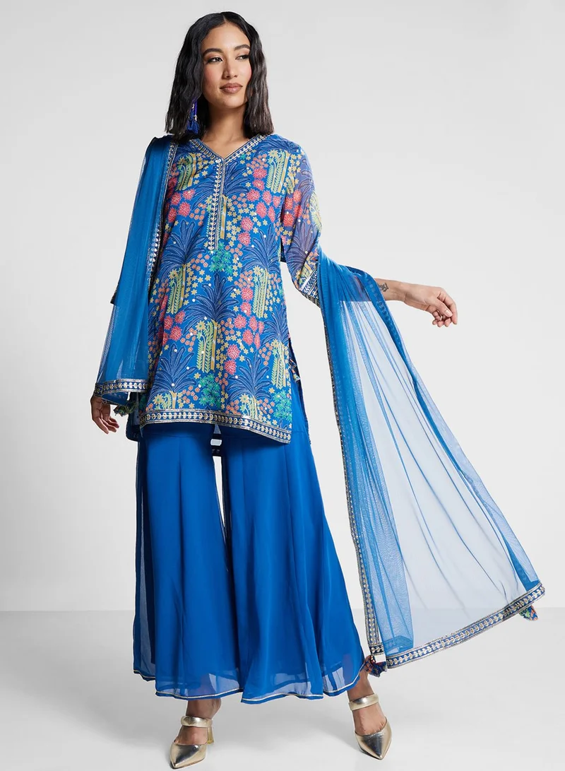 Biba V-Neck Printed Kurti & Pants Set
