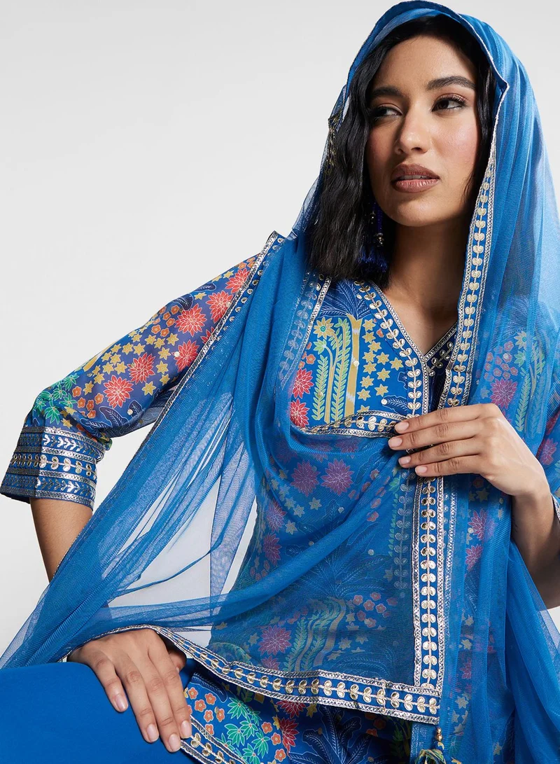 Biba V-Neck Printed Kurti & Pants Set
