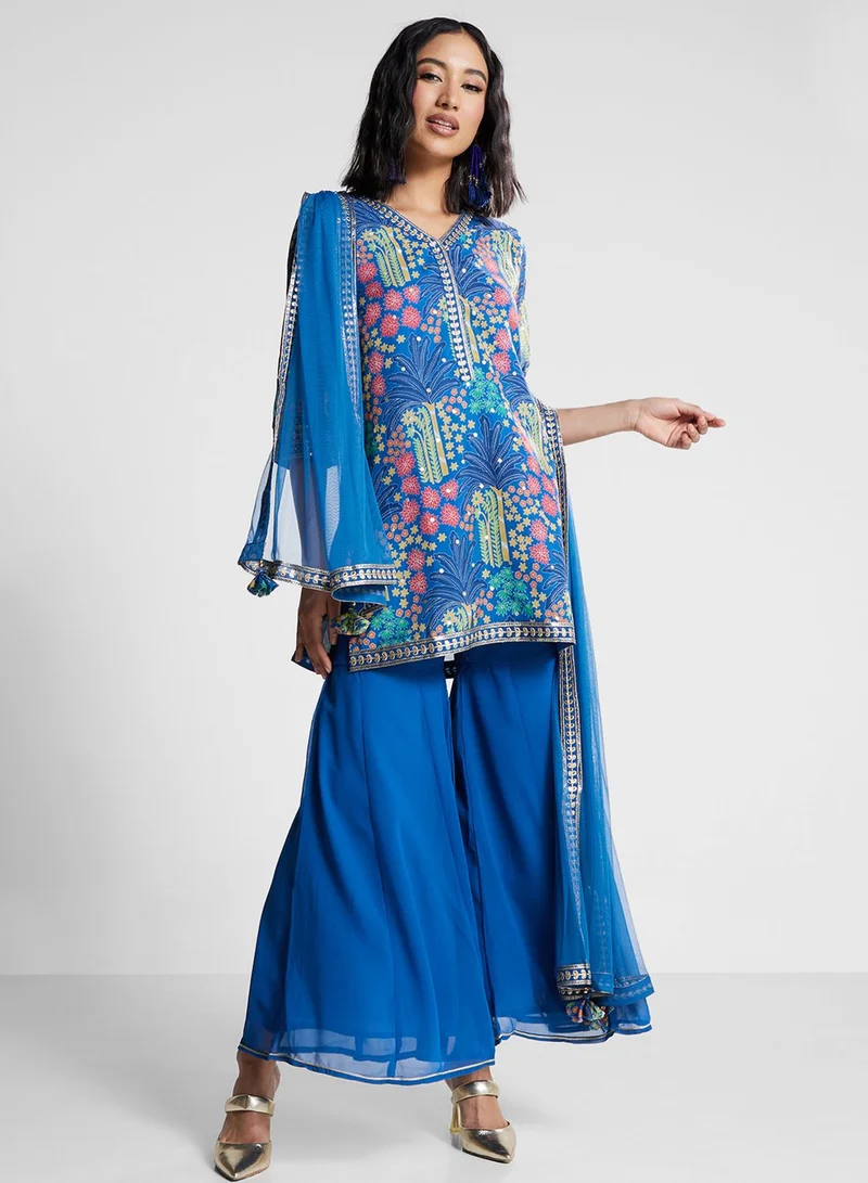Biba V-Neck Printed Kurti & Pants Set