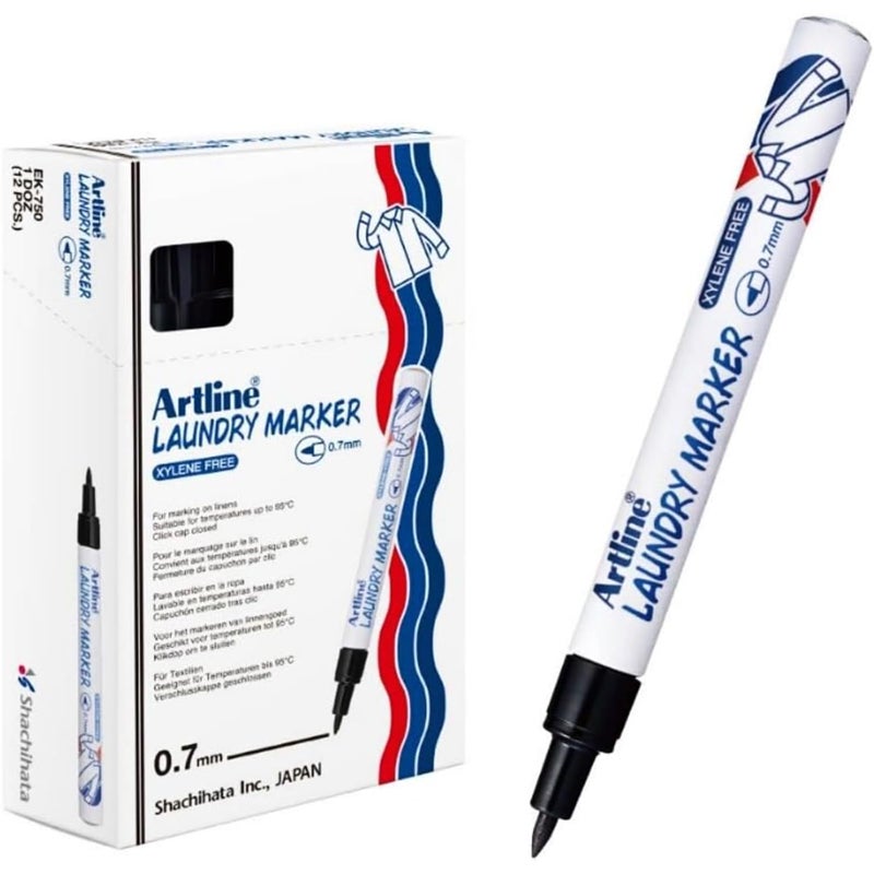 Artline Laundry Fabric Markers Permanent For Clothes, Instant Dry High Density Ink For Bright Cloth, 0.7 mm Fine Tip - Black, 12 Pack - Image 1