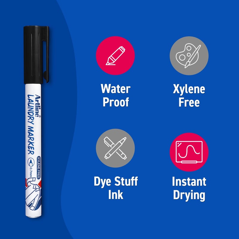 Artline Laundry Fabric Markers Permanent For Clothes, Instant Dry High Density Ink For Bright Cloth, 0.7 mm Fine Tip - Black, 12 Pack - Image 3