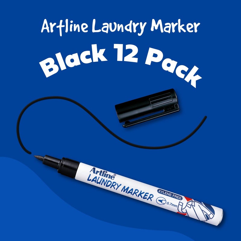 Artline Laundry Fabric Markers Permanent For Clothes, Instant Dry High Density Ink For Bright Cloth, 0.7 mm Fine Tip - Black, 12 Pack - Image 2
