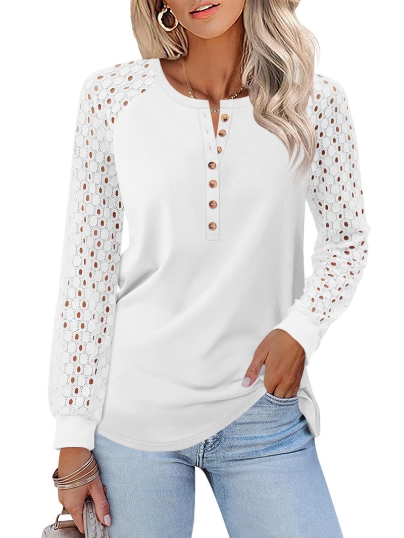 Minetom Women's Lace Long Sleeve Tops Henley Shirts Casual Blouses T Shirts Fall Clothes White - Image 1