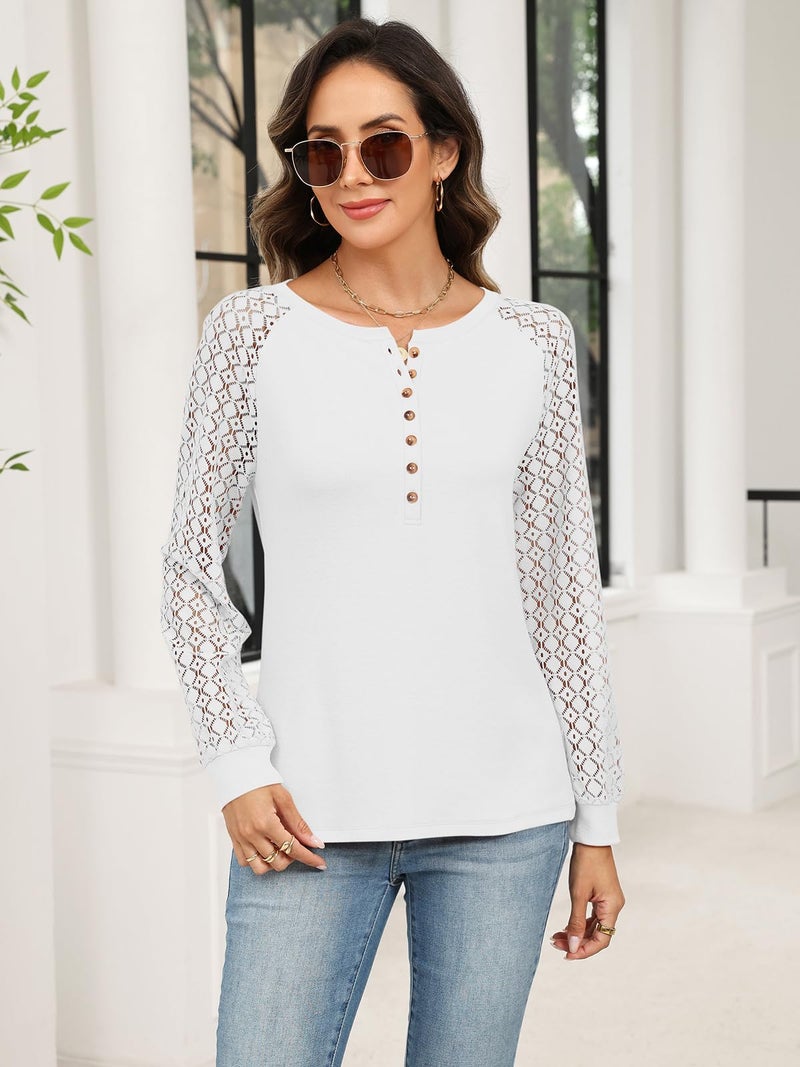 Minetom Women's Lace Long Sleeve Tops Henley Shirts Casual Blouses T Shirts Fall Clothes White - Image 2