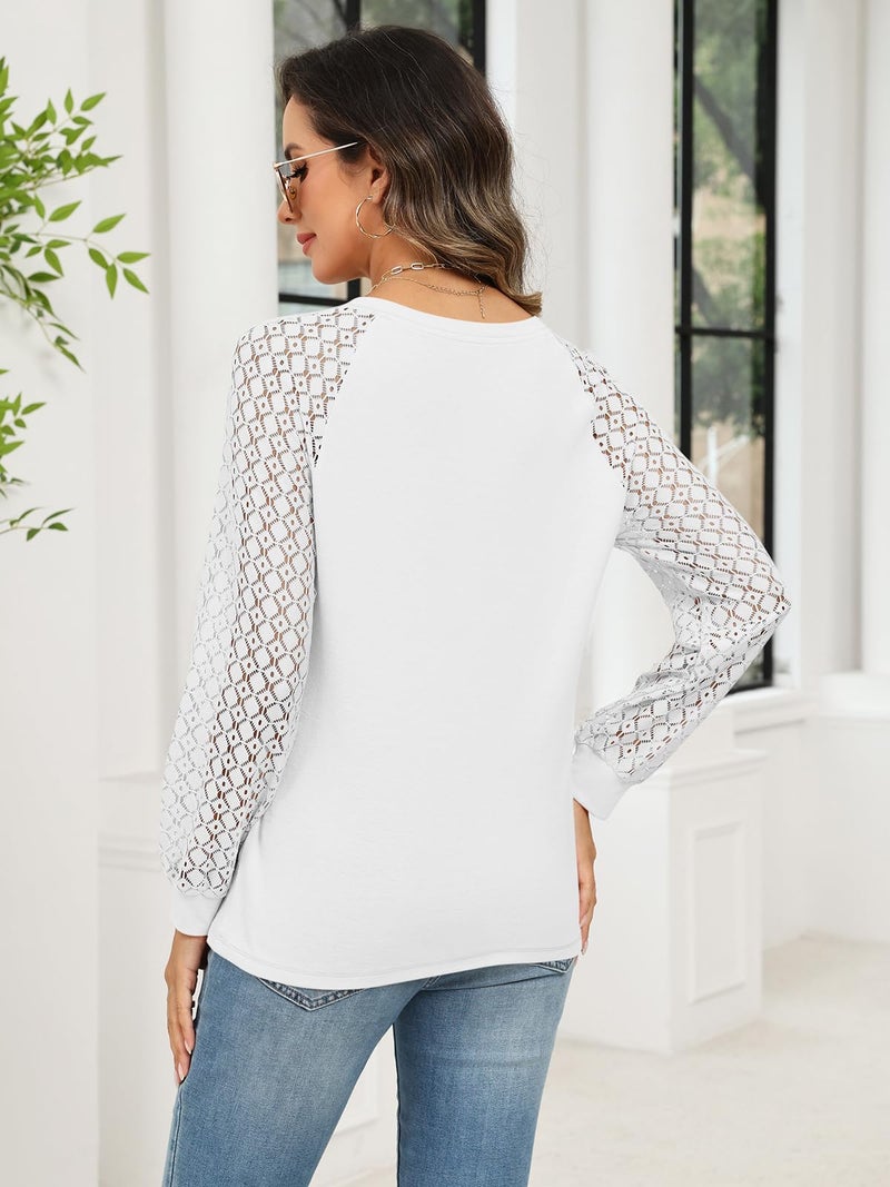 Minetom Women's Lace Long Sleeve Tops Henley Shirts Casual Blouses T Shirts Fall Clothes White - Image 5