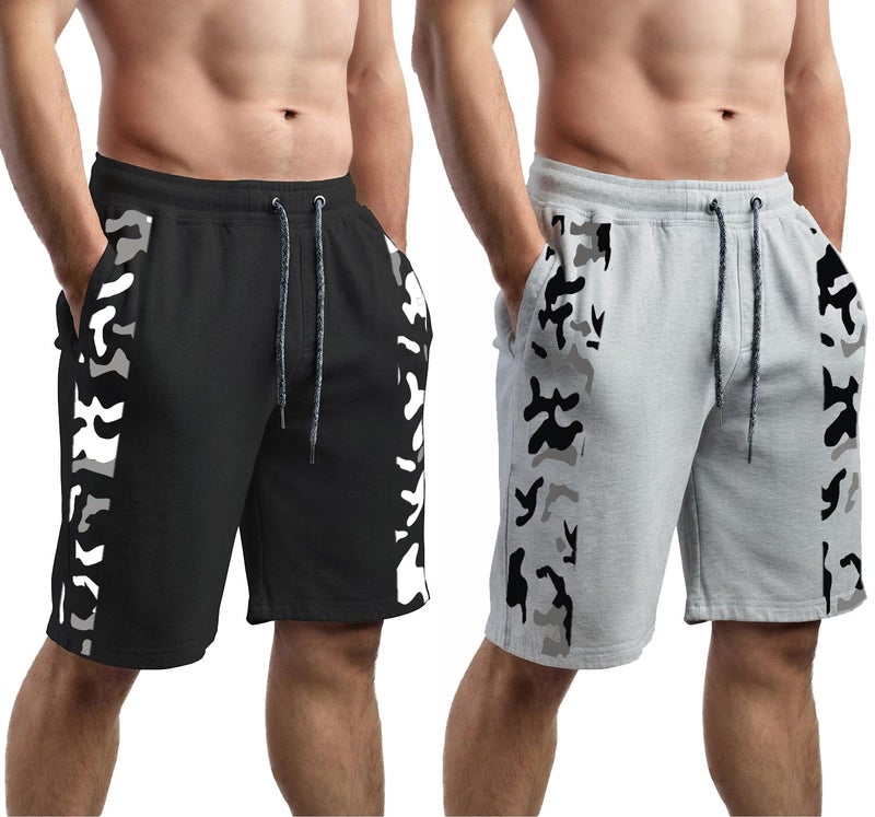 hotfits Men's Self Designed Casual Black & Grey Cotton Regular Shorts, Workout Shorts, Elastic Waist Running Shorts with Pockets Pack of 2 - L - Image 4