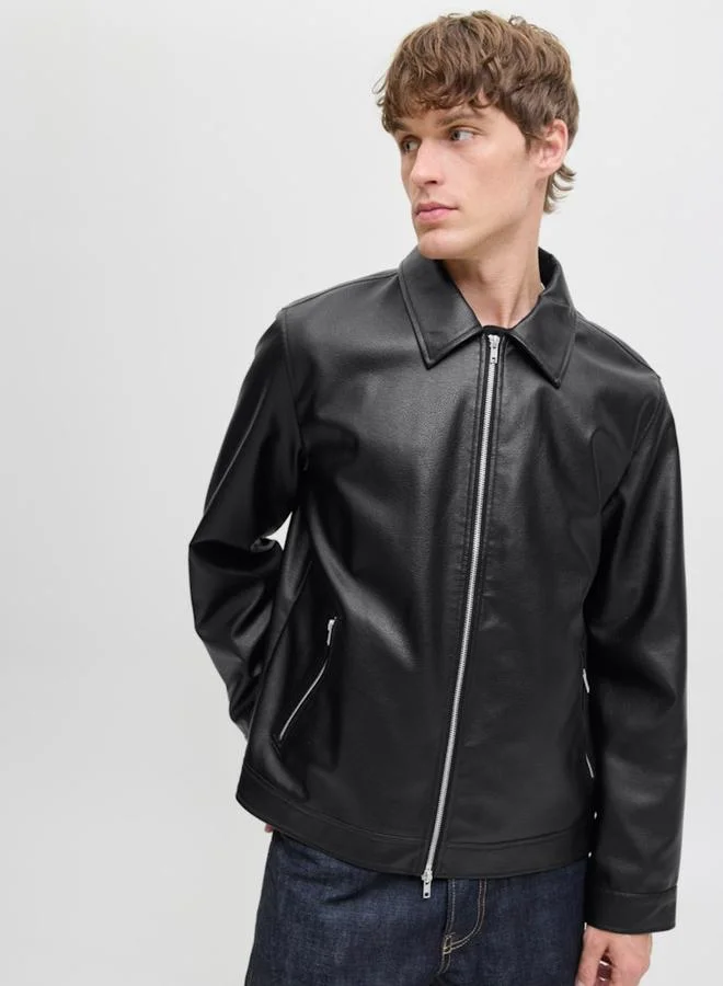 JACK & JONES Black Faux Leather Zip-Up Jacket
