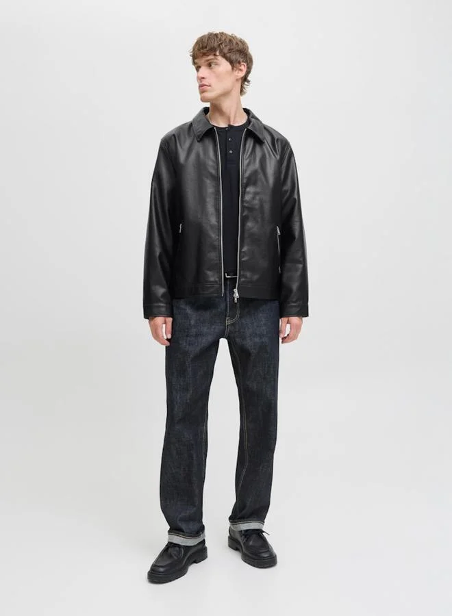 JACK & JONES Black Faux Leather Zip-Up Jacket