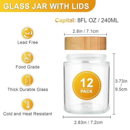 AISIPRIN Spice Jars with Label,12 Pcs 8oz Glass Jars with Bamboo Lids,Spice Organizer for Cabinet,Drawer, Rack, Seasoning Organizer Containers,Including 2 Type Labels - Image 2