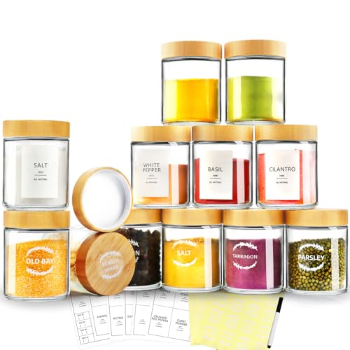 AISIPRIN Spice Jars with Label,12 Pcs 8oz Glass Jars with Bamboo Lids,Spice Organizer for Cabinet,Drawer, Rack, Seasoning Organizer Containers,Including 2 Type Labels - Image 1