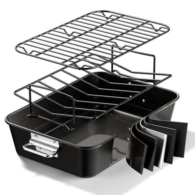 Armorbear Turkey Roasting Pan with Rack Non stick Carbon Steel Roaster 16x11 Inch, Dishwasher Safe, Deep Baking Broiler Pan for Oven Chicken, Bacon, Black