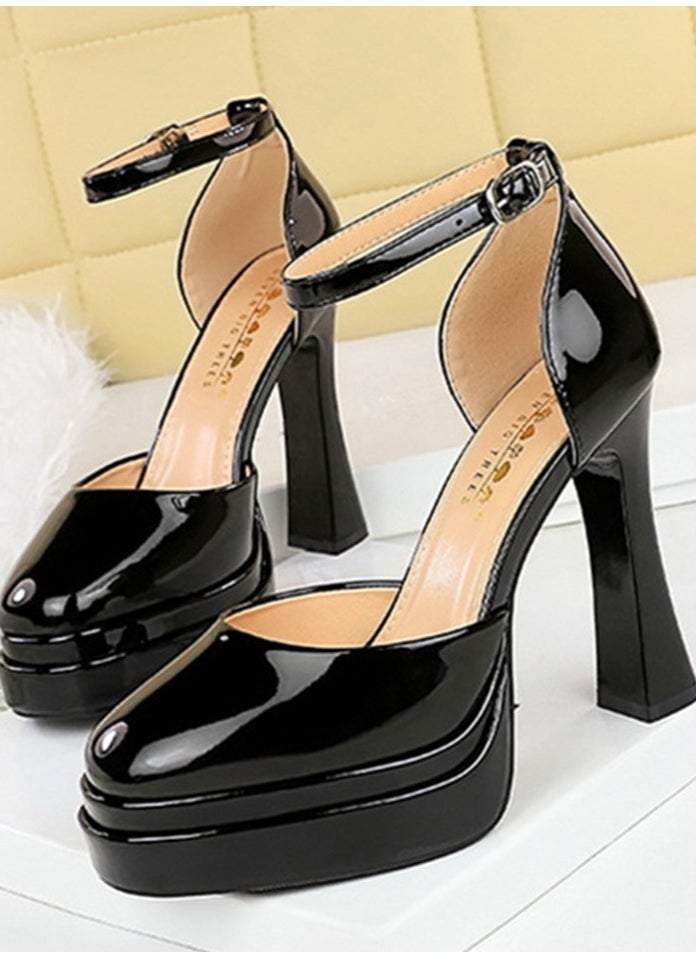 BIGTREE Womens Platform Chunky High Heels Round Closed Toe With Ankle Strap Pumps Black 11.5CM  - Image 1