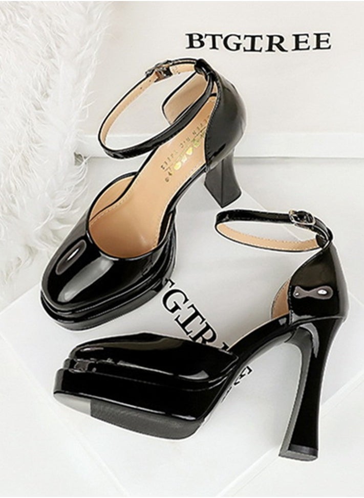 BIGTREE Womens Platform Chunky High Heels Round Closed Toe With Ankle Strap Pumps Black 11.5CM  - Image 3