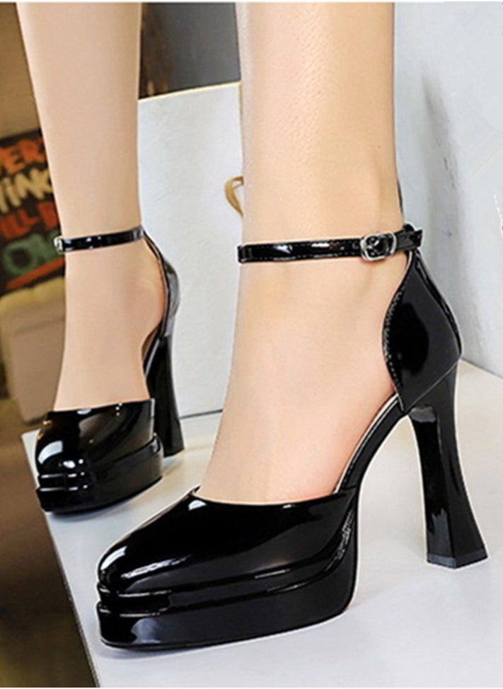 BIGTREE Womens Platform Chunky High Heels Round Closed Toe With Ankle Strap Pumps Black 11.5CM  - Image 4