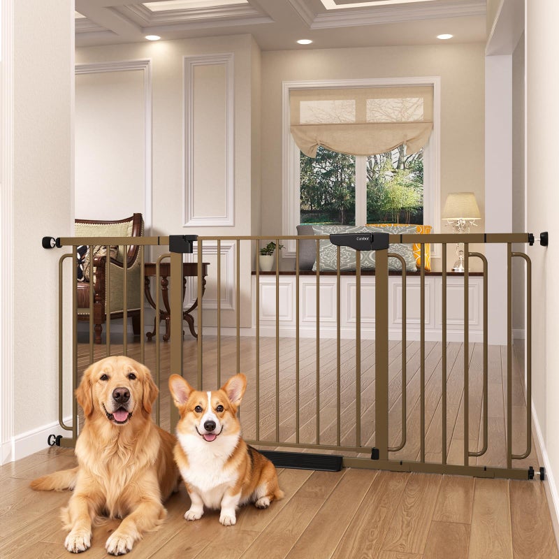 Cumbor Extra Wide Baby Gate, 36.6-69" Walk-Through Dog Gate for Stairs, Doorways & Hallways, 30.5â€œ Tall, Auto-Close & Dual-Swing Safety Child Gate Indoor, Easy Install Pressure-Mounted Pet Gate, Brown - Image 1