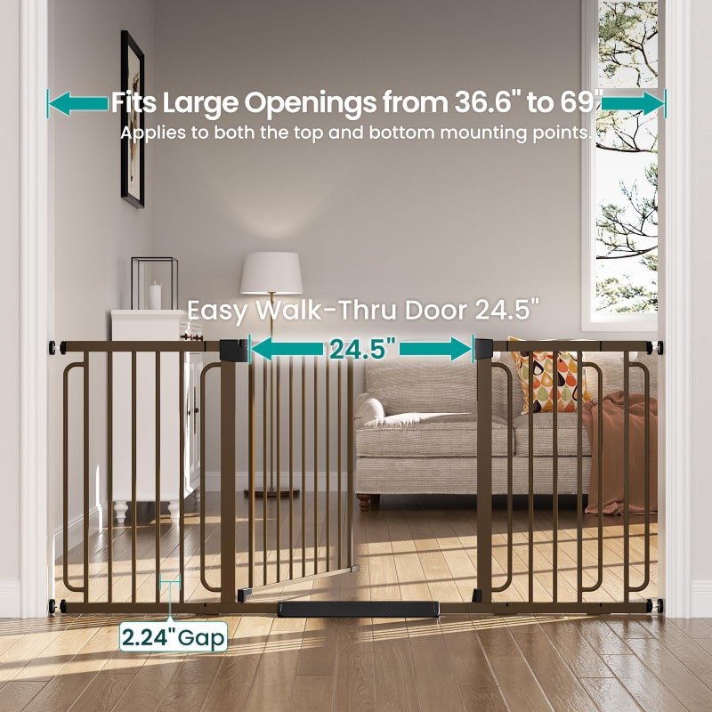 Cumbor Extra Wide Baby Gate, 36.6-69" Walk-Through Dog Gate for Stairs, Doorways & Hallways, 30.5â€œ Tall, Auto-Close & Dual-Swing Safety Child Gate Indoor, Easy Install Pressure-Mounted Pet Gate, Brown - Image 2