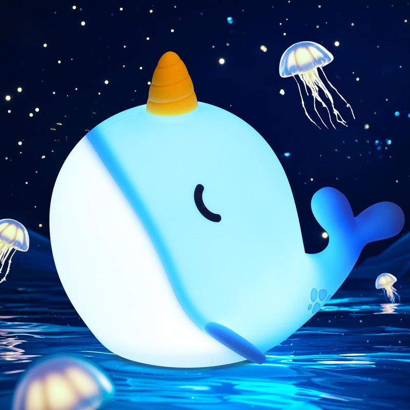 Ammonite Blue Narwhal Night Light, Soft Silicone Whale Nursery Lamp with 3 Dimming Levels and 30-Minute Timer, Touch Control Nightlight for Bedroom Decor, Christmas Birthday Gift - Image 1