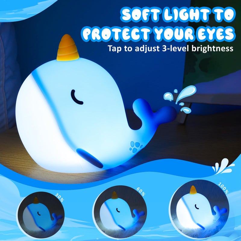 Ammonite Blue Narwhal Night Light, Soft Silicone Whale Nursery Lamp with 3 Dimming Levels and 30-Minute Timer, Touch Control Nightlight for Bedroom Decor, Christmas Birthday Gift - Image 3
