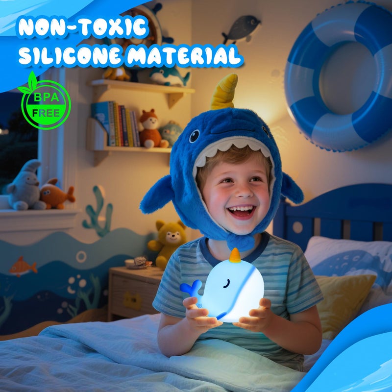 Ammonite Blue Narwhal Night Light, Soft Silicone Whale Nursery Lamp with 3 Dimming Levels and 30-Minute Timer, Touch Control Nightlight for Bedroom Decor, Christmas Birthday Gift - Image 2