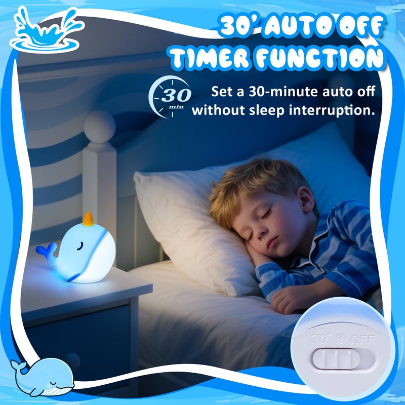 Ammonite Blue Narwhal Night Light, Soft Silicone Whale Nursery Lamp with 3 Dimming Levels and 30-Minute Timer, Touch Control Nightlight for Bedroom Decor, Christmas Birthday Gift - Image 4