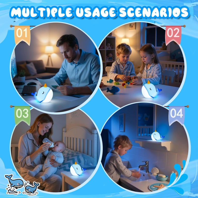 Ammonite Blue Narwhal Night Light, Soft Silicone Whale Nursery Lamp with 3 Dimming Levels and 30-Minute Timer, Touch Control Nightlight for Bedroom Decor, Christmas Birthday Gift - Image 5