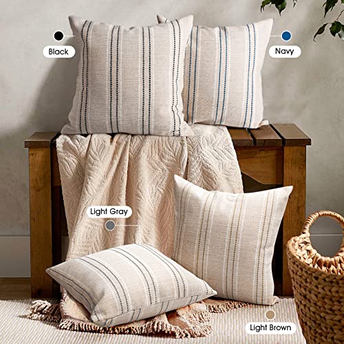 AELS 18x18 Decorative Farmhouse Linen Throw Pillow Covers, Boho Textured Pillow Case, Set of 2, Beige with White & Gray Stitch Yarn Dyed Stripe Cushion Cover for Sofa Couch Living Room (Cover ONLY) - Image 5
