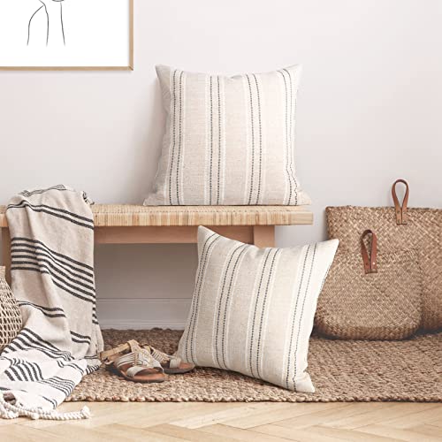 AELS 18x18 Decorative Farmhouse Linen Throw Pillow Covers, Boho Textured Pillow Case, Set of 2, Beige with White & Gray Stitch Yarn Dyed Stripe Cushion Cover for Sofa Couch Living Room (Cover ONLY) - Image 4