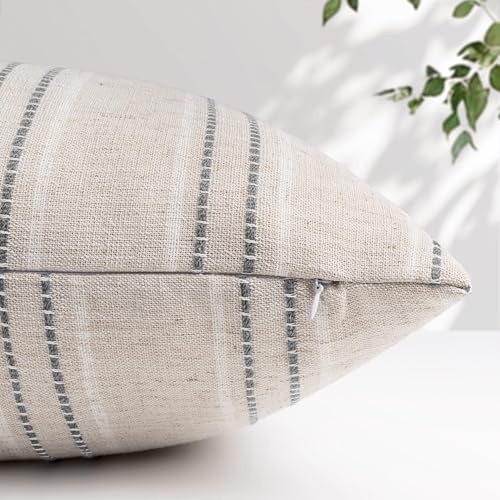 AELS 18x18 Decorative Farmhouse Linen Throw Pillow Covers, Boho Textured Pillow Case, Set of 2, Beige with White & Gray Stitch Yarn Dyed Stripe Cushion Cover for Sofa Couch Living Room (Cover ONLY) - Image 3