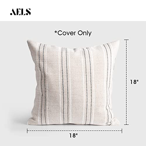 AELS 18x18 Decorative Farmhouse Linen Throw Pillow Covers, Boho Textured Pillow Case, Set of 2, Beige with White & Gray Stitch Yarn Dyed Stripe Cushion Cover for Sofa Couch Living Room (Cover ONLY) - Image 2