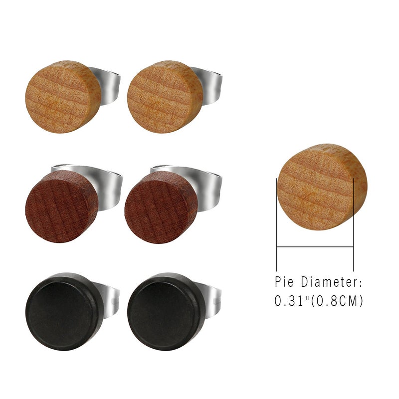 Cupimatch 3 Pairs Wood Stud Earrings for Men,Cupimatch Unisex Round Pierced Earrings Set 8mm (Wooden) - Image 5