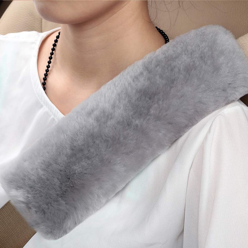 OGLAND Authentic Sheepskin Car Seat Belt Pad,2 Pack Soft Seat Belt Cover for Shoulder Pad Neck Cushion Protector Car Accessories by Genuine Natural Merino Wool (Misty Gray) - Image 1