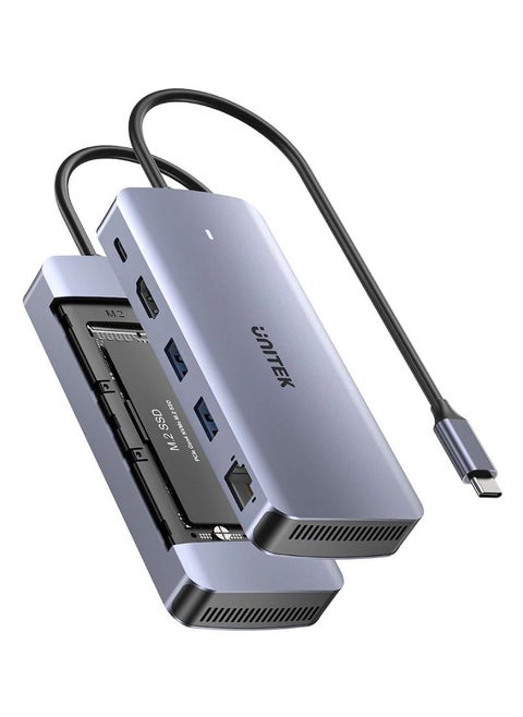 UNITEK 6-in-1 USB-C Hub with Built-in M.2 SSD Enclosure, High-Speed Data Transfer, HDMI Output, USB 3.0 Ports, SD Card Reader, and Power Delivery Support for Laptops and MacBooks