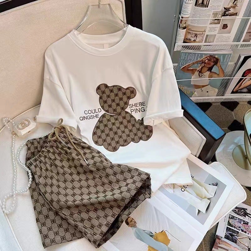 Hot new summer new South Korea foreign trade cross-border casual suit womens embroidered short-sleeved shorts two-piece set Wholesale White - Image 1