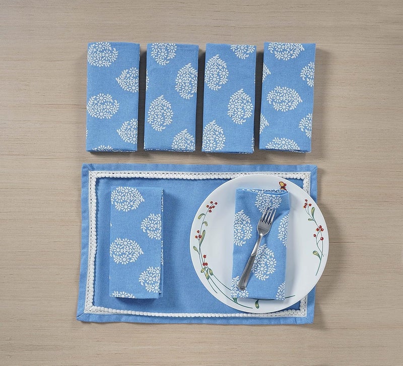 Swayam Blue,White 100% Cotton Gharana Dinner Napkin Set of 6 pcs - Image 1