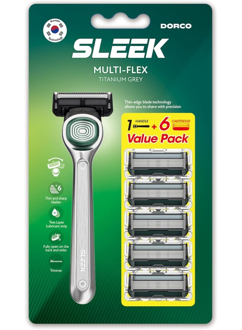 DORCO Sleek Multi Flex Razor Titanium Grey 1 Handle + 6 Cartridge - Image 1