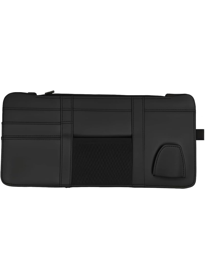 Leather Car Visor Organizer – PU Leather Sun Visor Storage with Card Slots, Mesh Pocket, Magnetic Sunglasses Clip, and Pen Holder – Universal Fit for Cars and SUV (Black) - Image 1