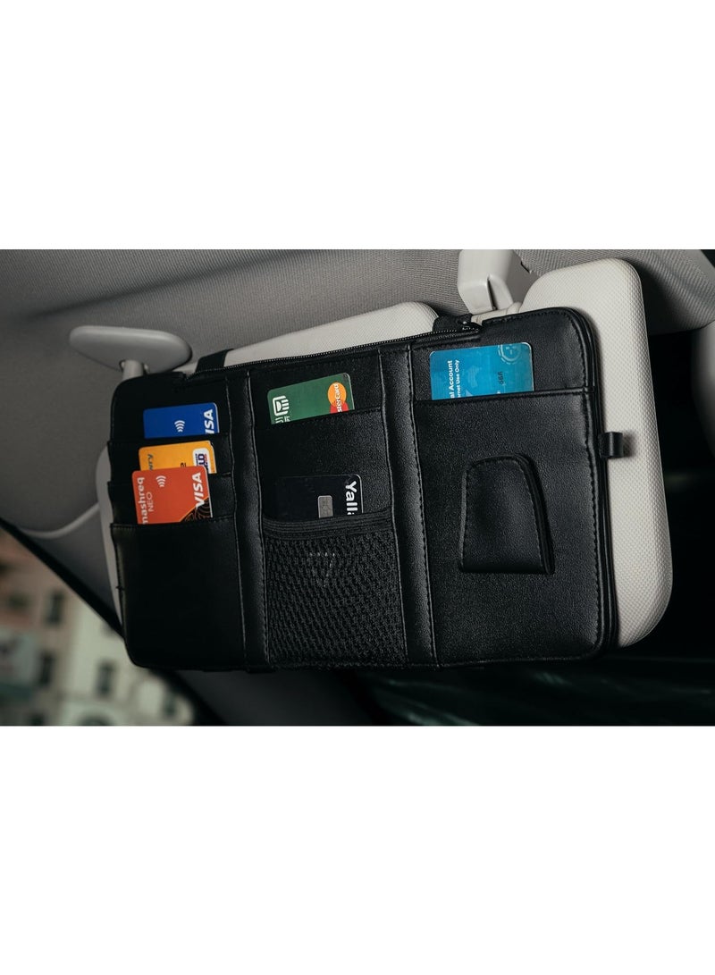 Leather Car Visor Organizer – PU Leather Sun Visor Storage with Card Slots, Mesh Pocket, Magnetic Sunglasses Clip, and Pen Holder – Universal Fit for Cars and SUV (Black) - Image 2